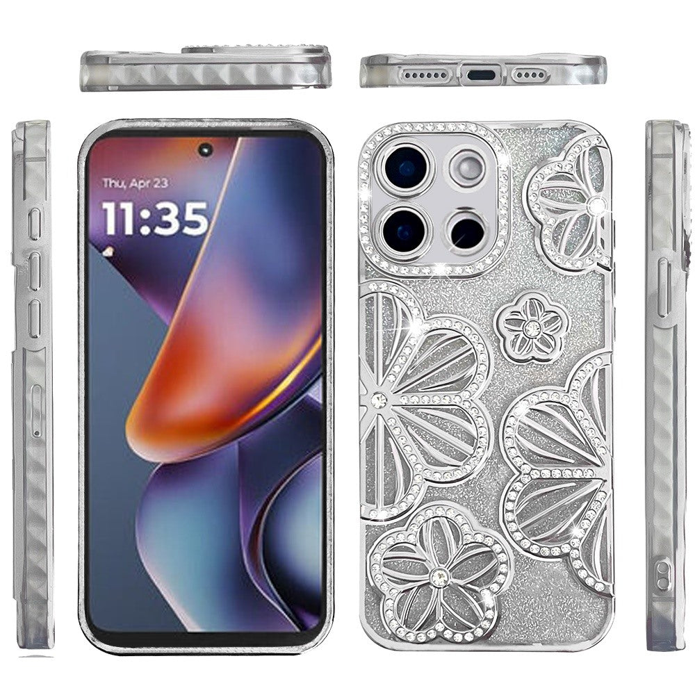 For Samsung Galaxy A26 Luxury Flower Design Sparkle Glitter Diamond Rhinestone Shimmer Bling Plating Thick TPU Hard PC Case Cover Flower Silver