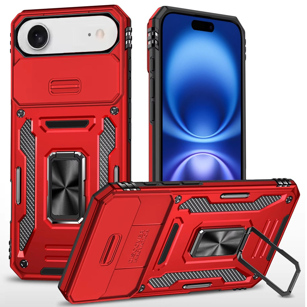 For Apple iPhone 17 Air (6.6") Tough Hybrid Case with Movable Camera Window & Metal Ring Stand Shockproof Case Cover
