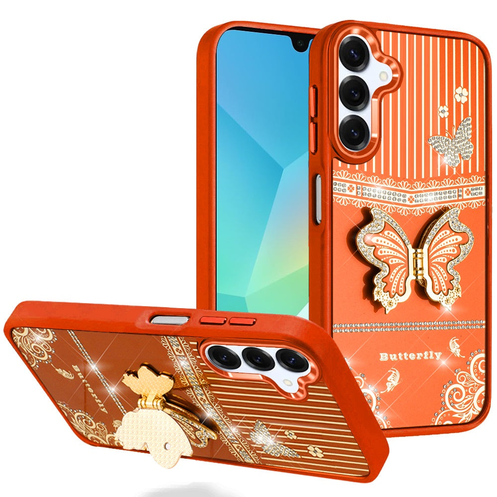 For Samsung Galaxy A16 5G Glitter 3D Butterfly Design Bling Metallic Edge Hybrid Stand Drop Protection TPU Shockproof Case Cover Cosmic Orange