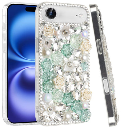 For Apple iPhone 17 Air (6.6") Fashion Rose Flower Floral Bling Crystal 3D Full Diamonds Pearl Sparkle Rhinestone Glitter Hybrid Case Cover