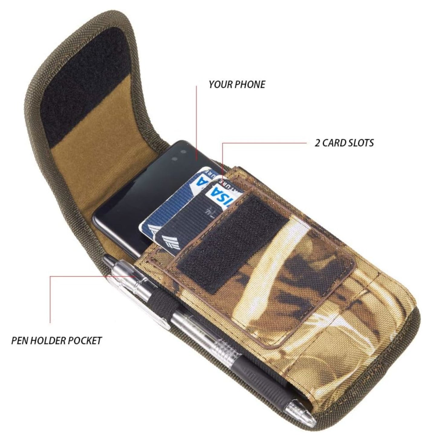 For Apple iPhone 16 Plus (6.7") Vertical Camouflage Nylon Canvas Holster Universal Cell Phone Pouch Velcro Closure with Credit Card Slot & Belt Clip Loop Carabiner [Hunting Camo]