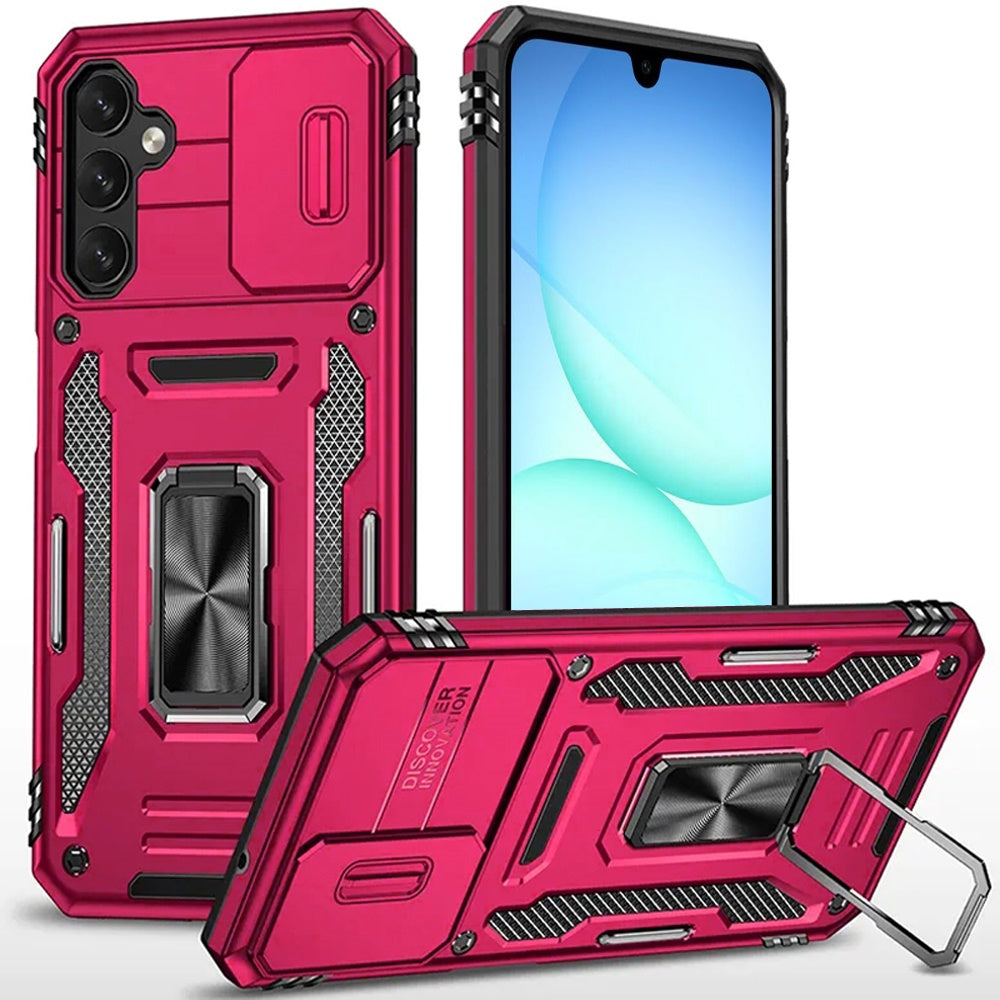 For Samsung Galaxy A17 5G Tough Hybrid Case with Movable Camera Window & Metal Ring Stand Shockproof Case Cover Cosmic Orange