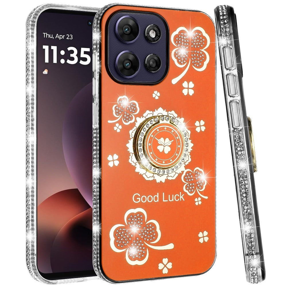 For Motorola Moto G Power 5G 2026 /2025 Diamonds Bling All Around Edges Sparkly Glitter Hybrid with Ring Stand Holder Fashion Good Luck Case Cover Cosmic Orange
