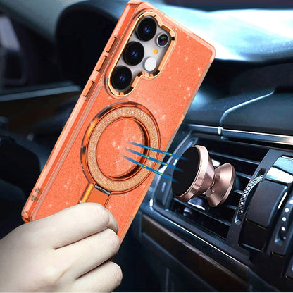 For Samsung Galaxy S26 Ultra Transparent Glitter Bling Case with Rotating Magnetic Ring Stand, Shockproof Hybrid Case Cover