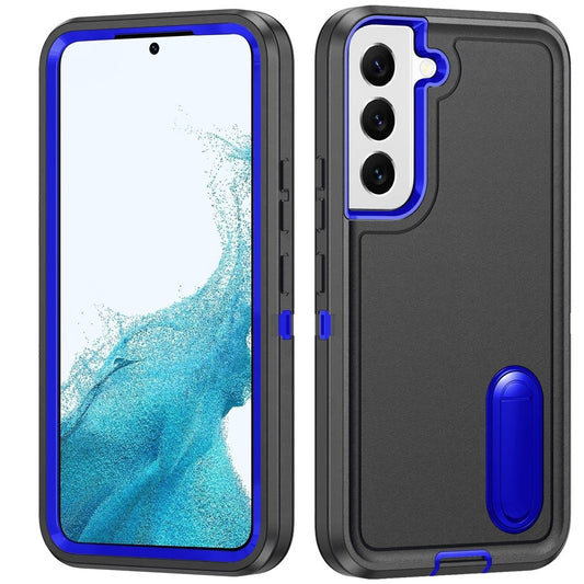For Samsung Galaxy S22 Hybrid 3 Layers Hard 3in1 Shockproof with Kickstand Heavy Duty Hard TPU Rubber Anti-Drop Case Cover Black +Dark Blue