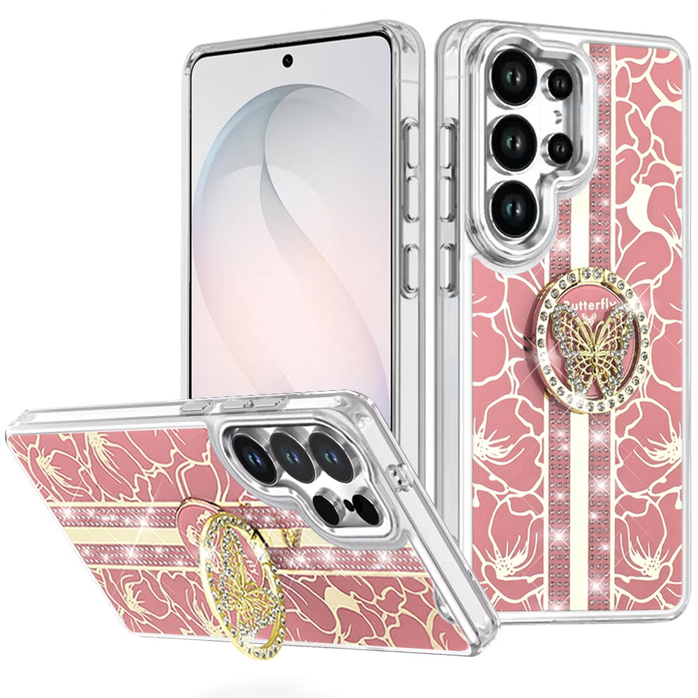 For Samsung Galaxy S26 Ultra Diamonds 3D Butterfly Floral Design Bling Sparkly Glitter Hybrid Metal Fashion with Ring Stand Case Cover