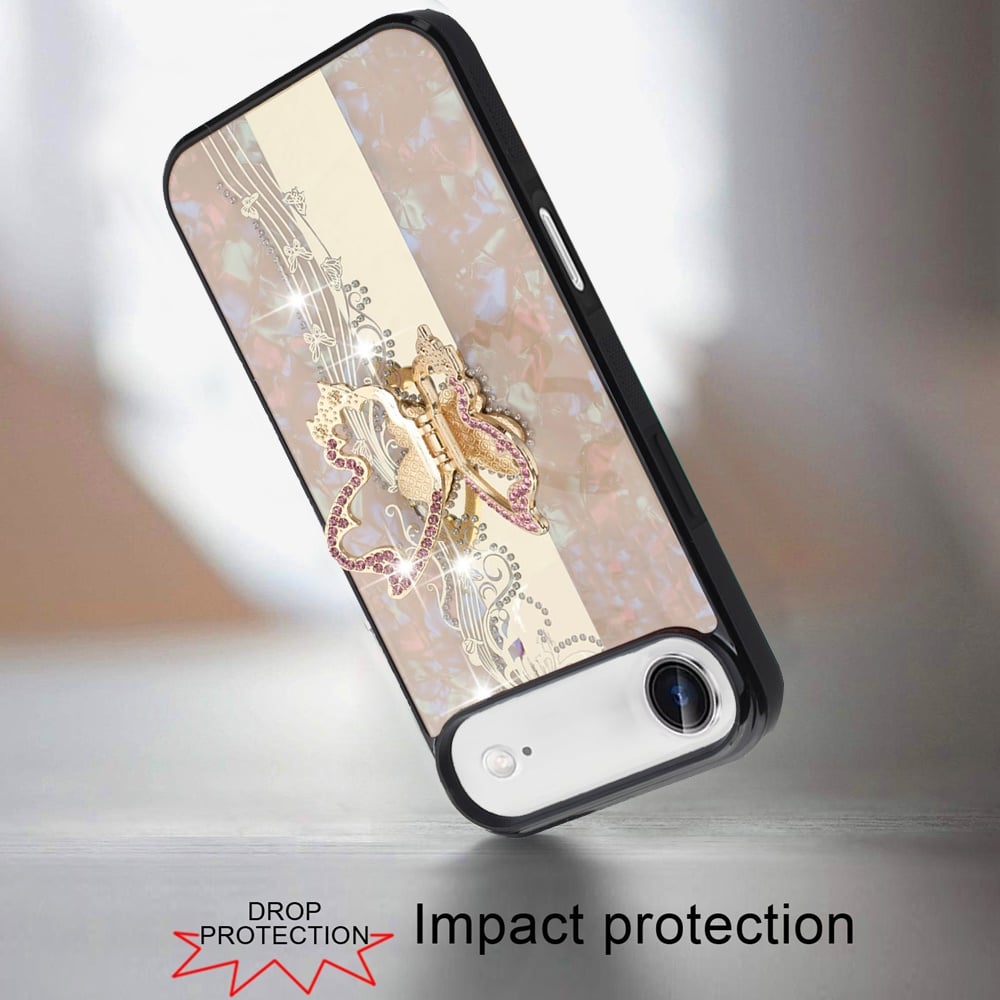 For Apple iPhone 17 Air (6.6") Diamonds 3D Fashion Bling Sparkly Glitter Ornaments Engraving Hybrid with Ring Stand Case Cover