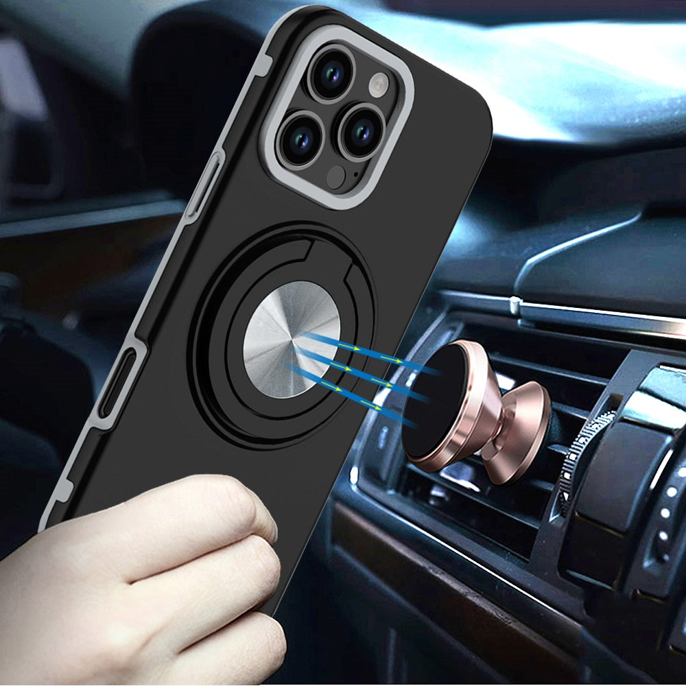 For Apple iPhone 16 Plus (6.7") Metal Matte Hybrid with Invisible Rotational Ring Stand, Car Mount Friendly, Military Grade Slim Fit Sturdy Case Cover