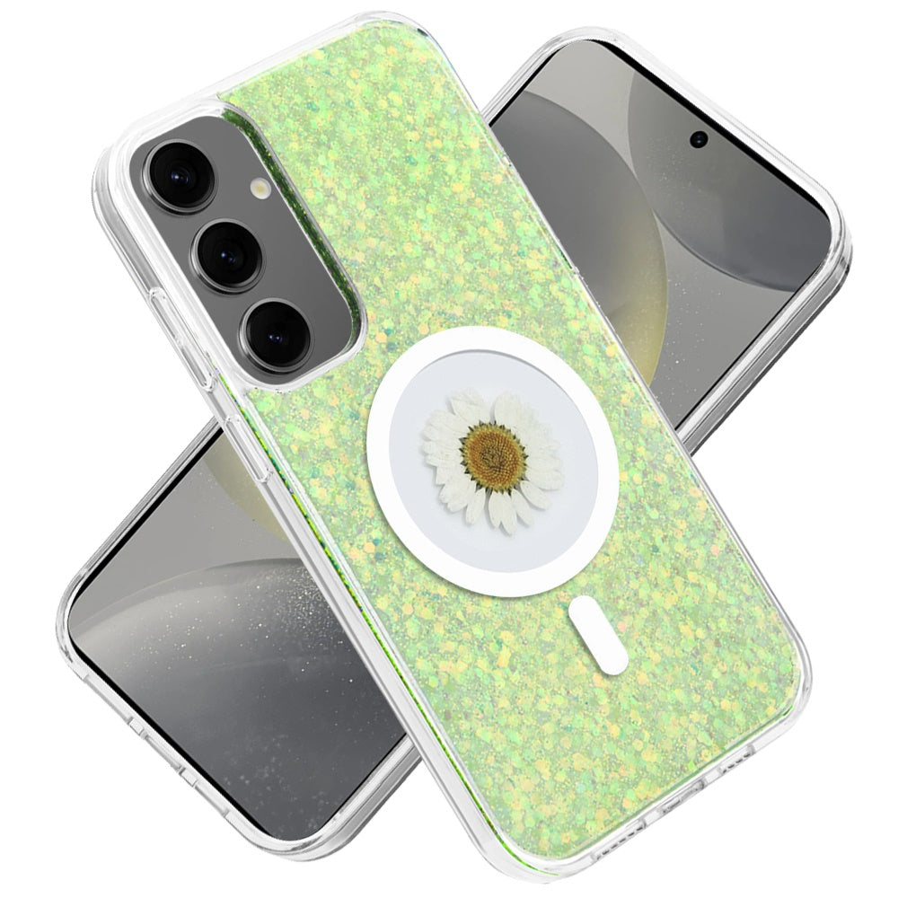 For Samsung Galaxy S25 /S24 MagSafe Compatible Glitter Flower Epoxy Hybrid Slim TPU Case, Magnetic Circle Design, Sparkly Bling Protective Case Cover