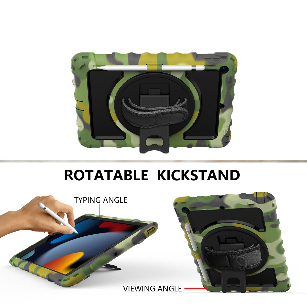 Tablet Case for Apple iPad 9th 8th 7th Gen (10.2 inch) 360 Rotating Hybrid Heavy Duty Kickstand Hand Strap Shoulder Strap Full Body Drop Protection Cover Green