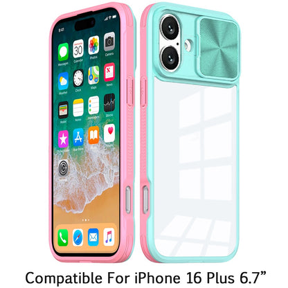 For Apple iPhone 16 Plus Hybrid Cases with Sliding Camera Cover Transparent Shockproof Bumper TPU Protective Case Cover Pink/Blue