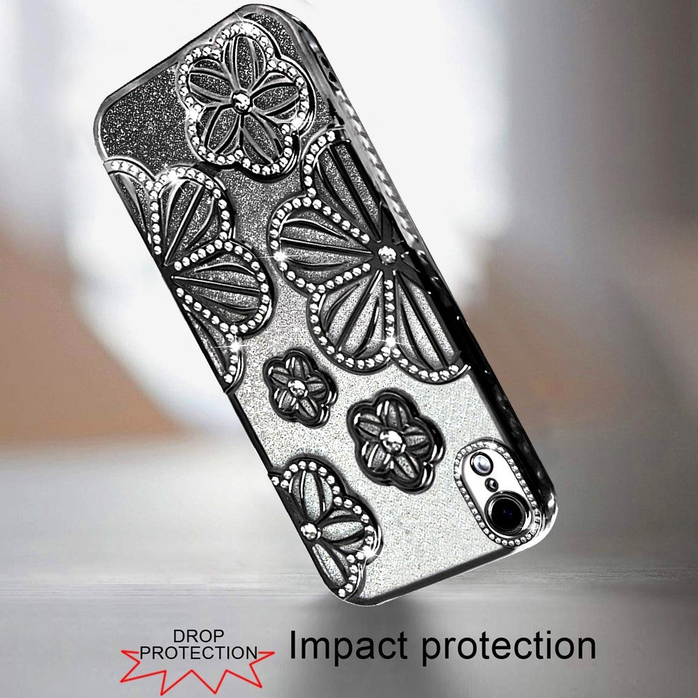 For iPhone XR Luxury Flower Design Sparkle Glitter Diamond Rhinestone Shimmer Bling Plating Thick TPU Hard PC Case Cover