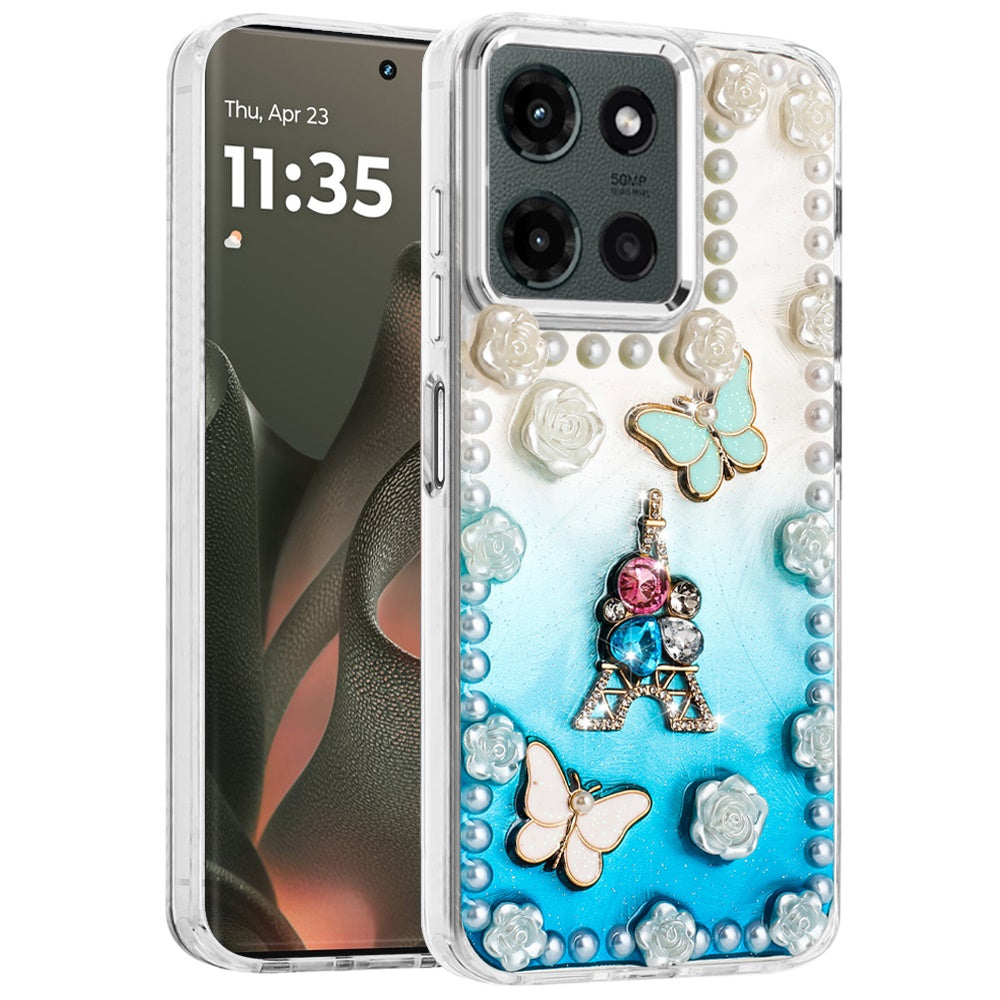 For Motorola Moto G 5G 2025 Bling Fashion Design with 3D Pearls Epoxy Glitter Ornaments Chrome Edge Hard Slim PC Case Cover