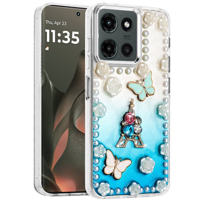 For Motorola Moto G 5G 2025 Bling Fashion Design with 3D Pearls Epoxy Glitter Ornaments Chrome Edge Hard Slim PC Case Cover