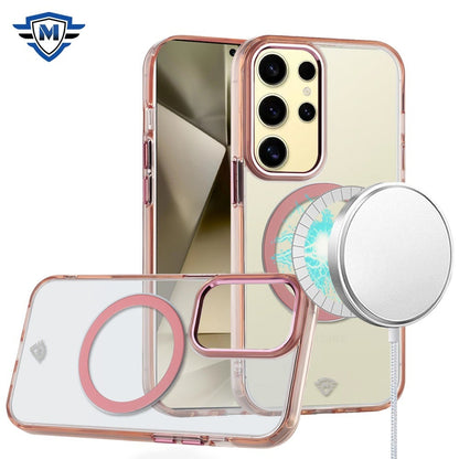 For Samsung Galaxy S24+ Plus Transparent Back Hybrid Case - Magnetic Circle, Color Frame, Metal Buttons, MagSafe Compatible Case Cover