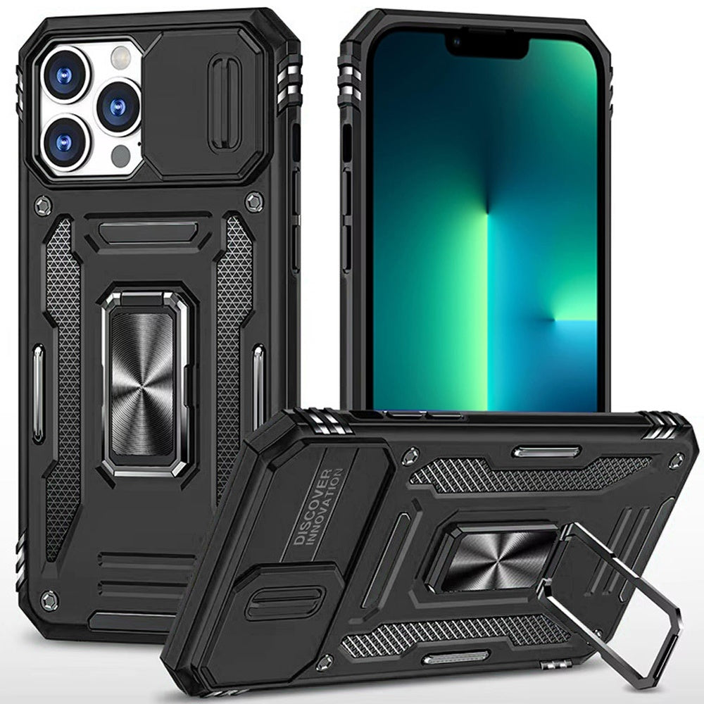 For Apple iPhone 13 Pro Tough Hybrid Case with Movable Camera Window & Metal Ring Stand Shockproof Case Cover