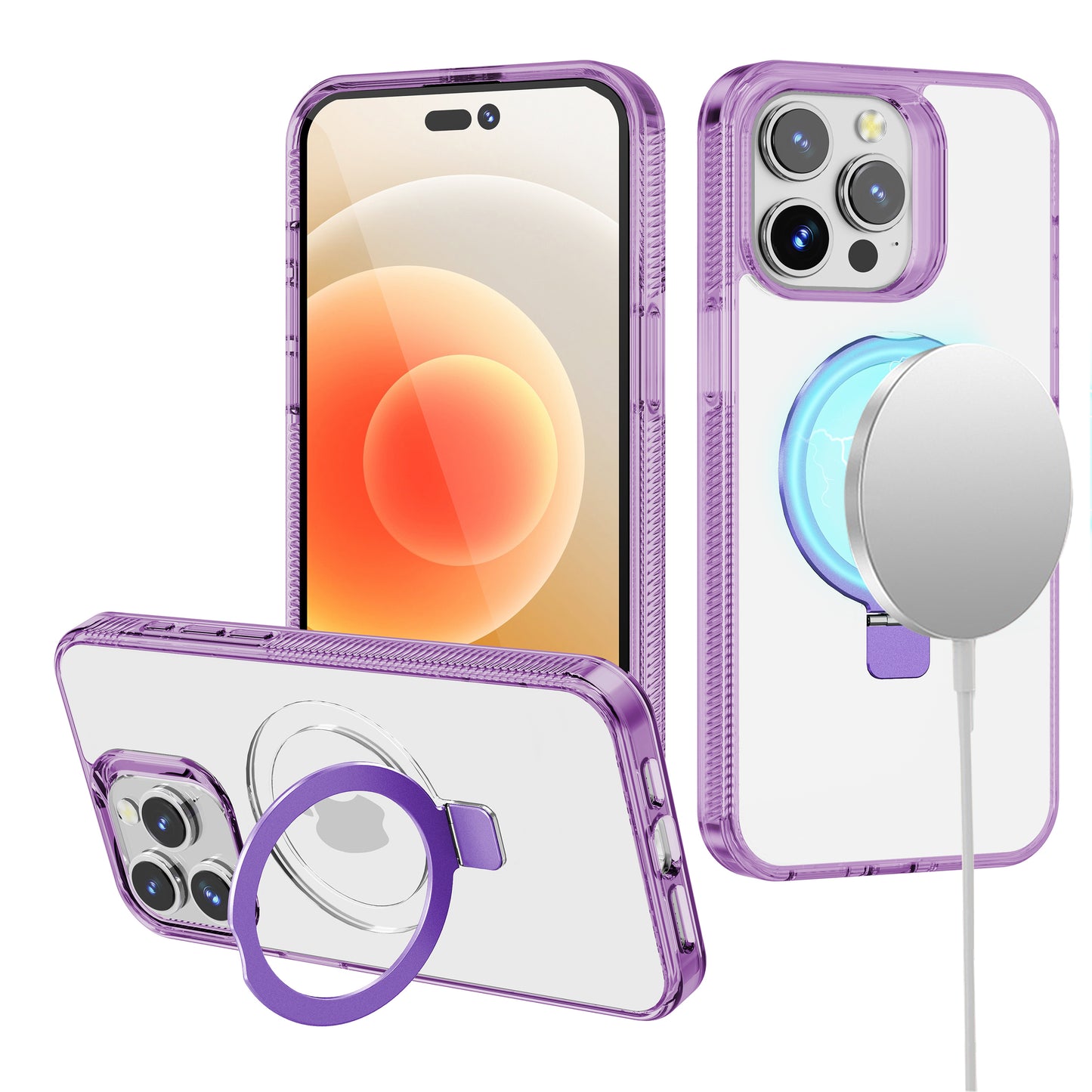 For Apple iPhone 17E /16E Transparent Magnetic Ring Circle Stand with MagSafe Compatible Hybrid Dotted Edged Hard PC Shockproof Case Cover Light Purple