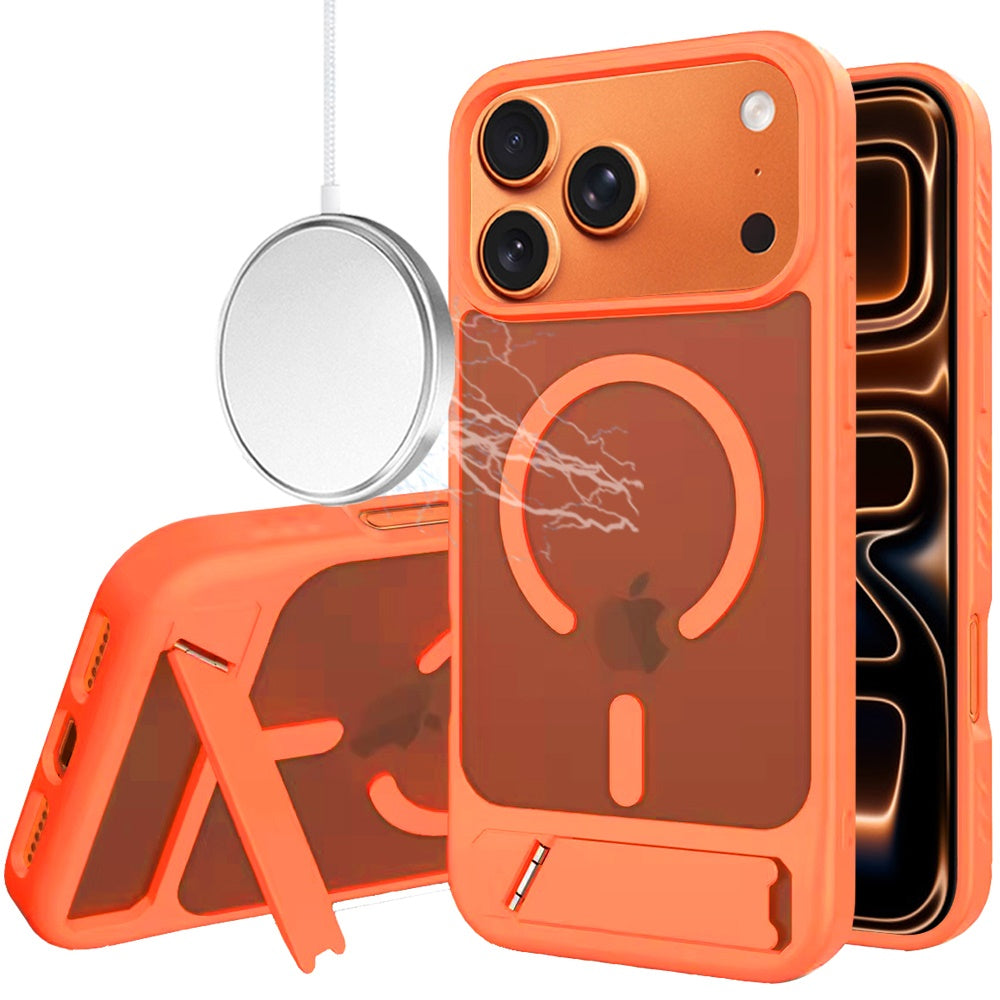 Phone Case for Apple iPhone 18 Pro Matte Magnetic Metal Kickstand Shockproof Grip Anti Slip Durable Protective Heavy Duty Hybrid Cover Orange