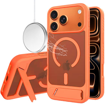 Phone Case for Apple iPhone 18 Pro Matte Magnetic Metal Kickstand Shockproof Grip Anti Slip Durable Protective Heavy Duty Hybrid Cover Orange