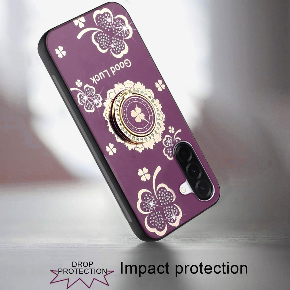 Phone Case for Samsung Galaxy A17 5G Diamond Glitter Butterfly Engraved Ring Stand Luxury Bling Hybrid Shockproof Chrome Edge Protective Durable Grip Cover Purple