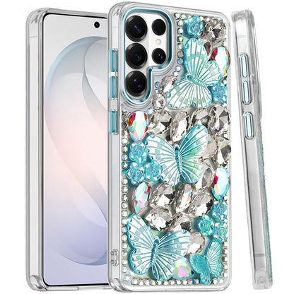 For Samsung Galaxy S26 Ultra 3D Diamond Floral Butterfly Bling Stone Hybrid, Sparkly Rhinestone Gemstone Back Shockproof Case Cover