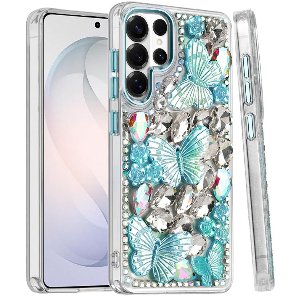 For Samsung Galaxy S26 Ultra 3D Diamond Floral Butterfly Bling Stone Hybrid, Sparkly Rhinestone Gemstone Back Shockproof Case Cover