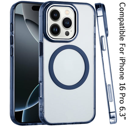 For Apple iPhone 16 Pro Transparent Back Hybrid Case - Magnetic Circle, Color Frame, Metal Buttons, MagSafe Compatible Case Cover