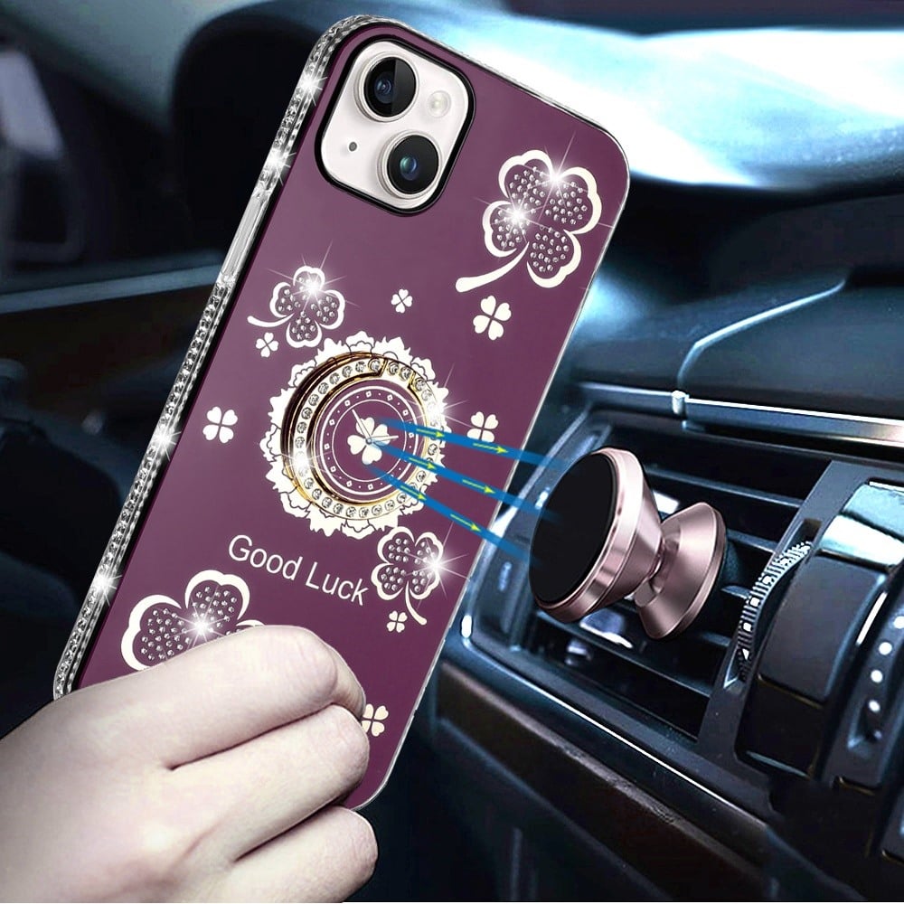 Phone Case for iPhone 14 Glitter Diamond Ring Stand Sparkle Rhinestone Edge AntiSlip Kickstand Luxury Fashion Bumper Shockproof Cover Red