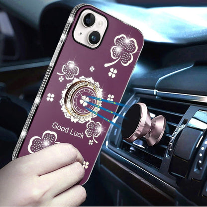 Phone Case for iPhone 14 Glitter Diamond Ring Stand Sparkle Rhinestone Edge AntiSlip Kickstand Luxury Fashion Bumper Shockproof Cover Red