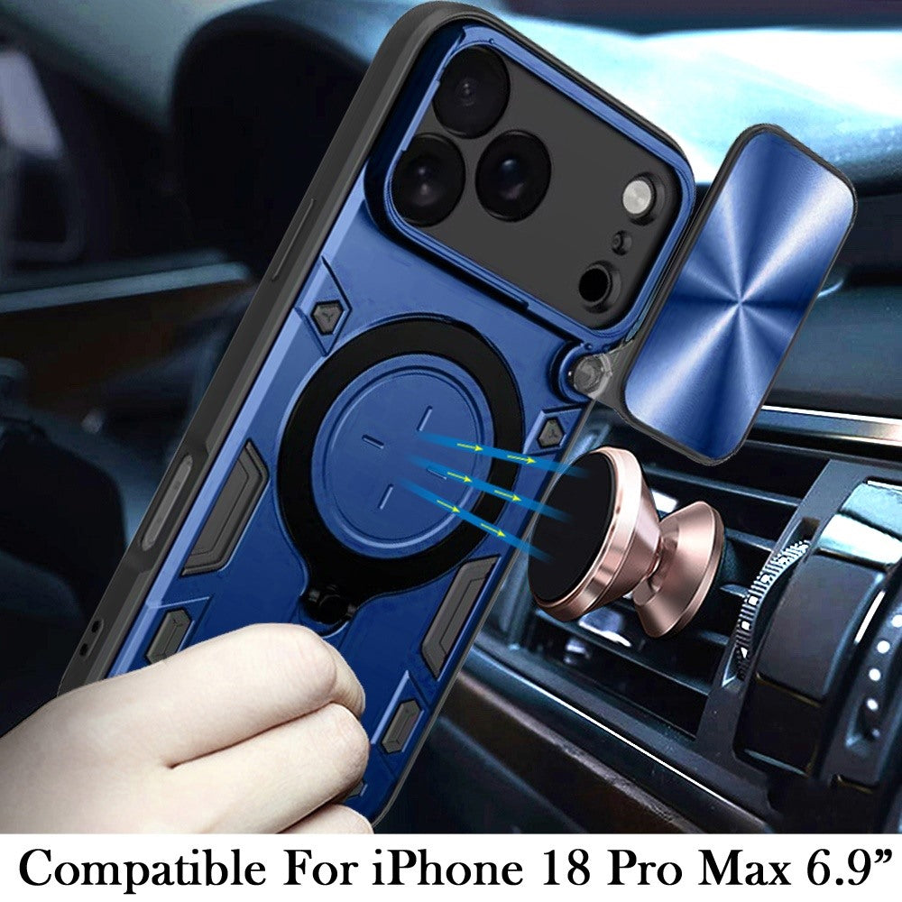 Phone Case for Apple iPhone 18 Pro Max Magnetic Ring Stand Shockproof Hybrid Full Camera Slide Guard Anti Slip Heavy Duty Protective Armor Cover Blue