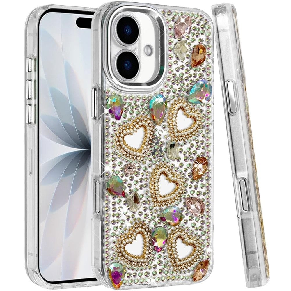 Phone Case for Apple iPhone 17 (6.3") Luxury Crystal Heart Rhinestone Diamond Bling Shockproof Hybrid Glitter Protective Stylish Durable Grip Cover