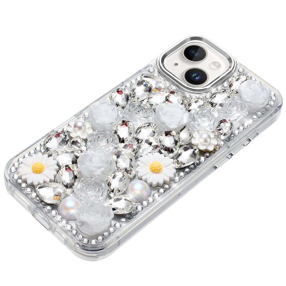 Phone Case for Apple iPhone 14 Full Bling Rhinestone Glitter Floral Luxury Hybrid Shockproof Stylish Sparkling Protective Designer Ornament Cover White