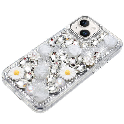 Phone Case for Apple iPhone 14 Full Bling Rhinestone Glitter Floral Luxury Hybrid Shockproof Stylish Sparkling Protective Designer Ornament Cover White