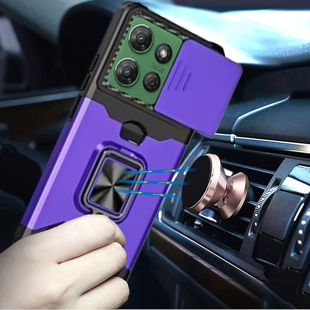 For Motorola Moto G Power 5G 2025 Wallet Case with Ring Stand & Slide Camera Cover Back Credit Card Slot Holder, Military Grade Case Cover Purple