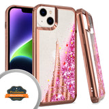 For Apple iPhone 15 Pro Max (6.7") Quicksand Liquid Glitter Bling Flowing Sparkle Fashion Hybrid TPU Chrome Plating Paris Eiffel Tower Phone Case Cover