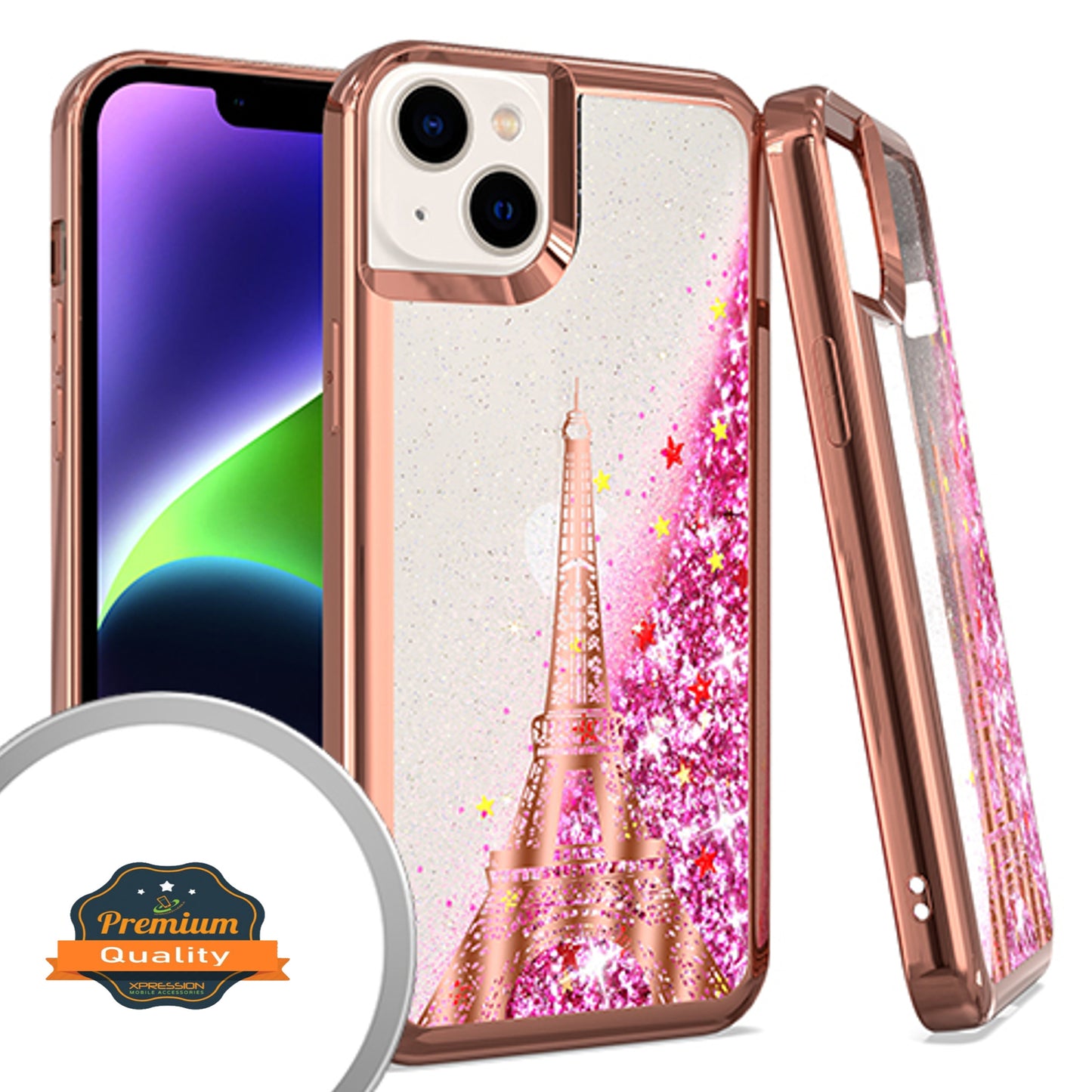 For Apple iPhone 15 Plus (6.7") Quicksand Liquid Glitter Bling Flowing Sparkle Fashion Hybrid TPU Chrome Plating Hard Paris Eiffel Tower Phone Case Cover
