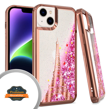 For Apple iPhone 15 (6.1") Quicksand Liquid Glitter Bling Flowing Sparkle Fashion Hybrid TPU and Chrome Plating Hard Paris Eiffel Tower Phone Case Cover