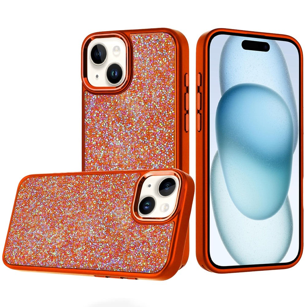 For iPhone 15 Plus (6.7") Crystal Sparkle Diamond Glass Full Mini Glitter Bling Frame TPU Hybrid Protective Case Cover Cosmic Orange