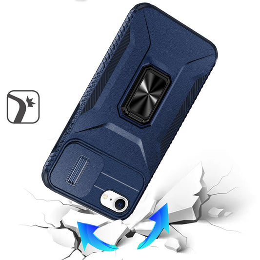 For Apple iPhone SE 3 (2022) SE/8/7 Case, Camera Cover with Magnetic Rotation Ring Stand, Military Grade Hybrid Hard TPU Shockproof Case Cover Blue