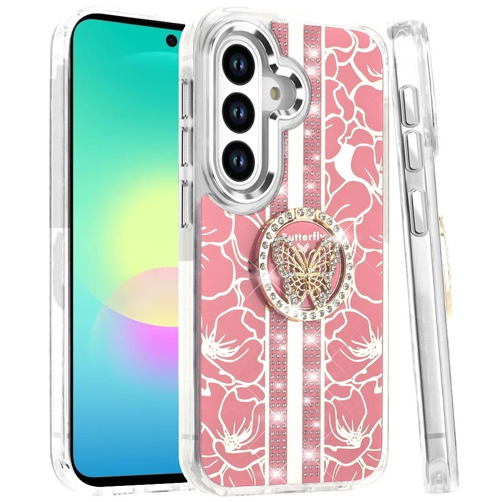 Phone Case for Samsung Galaxy A27 5G Floral Butterfly Ring Stand Glitter Bling Shockproof Hybrid Luxury Fashion Protective Anti Slip Durable Grip Cover