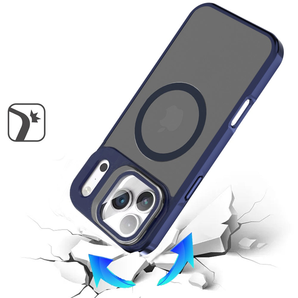 Phone Case for Apple iPhone 17 Pro Max Magnetic Circle Camera Stand Aluminum Frame Shockproof Rugged Kickstand Metallic Button Hybrid Protective Durable Grip Cover Navy Blue