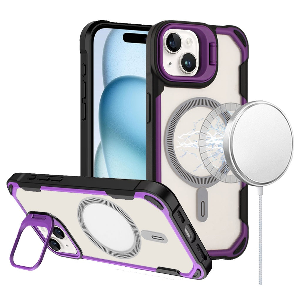For Apple iPhone 15 Magnetic Circle Hybrid with Camera Stand, Compatible with MagSafe, Shockproof Protective Case Cover