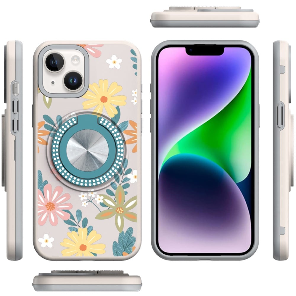 Phone Case for Apple iPhone 14/13 Magnetic Ring Stand Matte Metal Hybrid Car Mount Friendly Shockproof Rotational Grip Diamond Design Pattern Cover