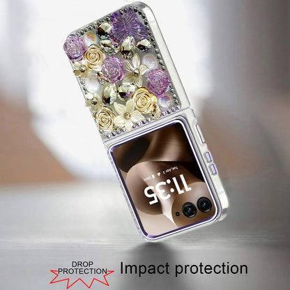 For Motorola Razr Ultra 2025 3D Diamond Floral Roses Flower Bling Stone Hybrid, Sparkly Rhinestone Gemstone Back Shockproof Case Cover