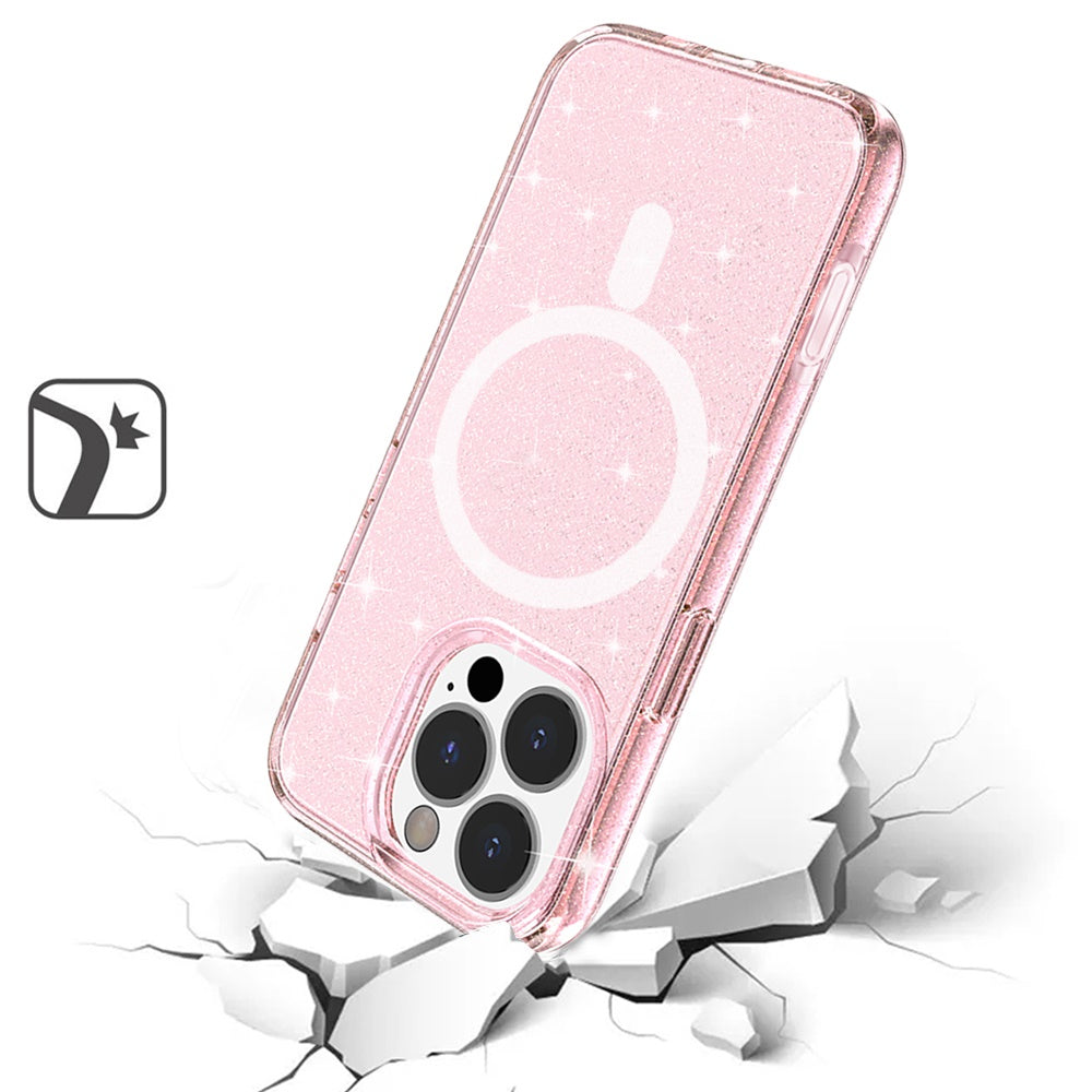 For Apple iPhone 16 Pro (6.3") MagSafe Compatible Glitter Shiny Sparkle Bling TPU Rubber Hard PC Back Hybrid Frame Case Cover