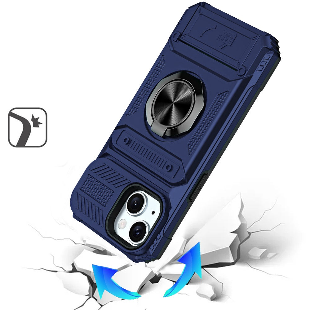 Phone Case for Apple iPhone 15 Multi Functional Card Slot Shockproof Metal Ring Hybrid Wallet Rugged Protective Grip Heavy Duty Durable Cover Blue