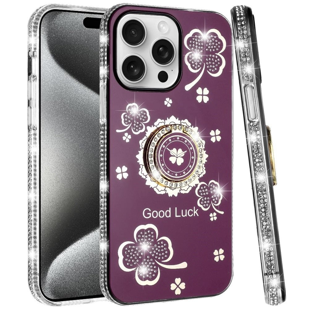 Phone Case for Apple iPhone 15 Pro Max Glitter Diamond Ring Stand Sparkle Rhinestone Edge AntiSlip Kickstand Luxury Fashion Bumper Shockproof Cover Red