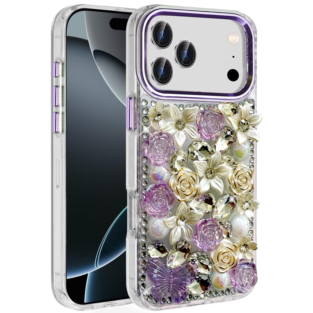 Phone Case for Apple iPhone 18 Pro Luxury Rose Bling Rhinestone Glitter Floral Hybrid Shockproof Stylish Protective Designer Ornament Sparkle Cover Purple