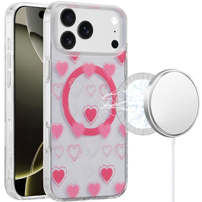 For Apple iPhone 17 Pro Max Stylish Pattern Fashion IMD Printed Design TPU Double Layer Slim Shockproof with Magnetic Back Case Cover Pink Heart