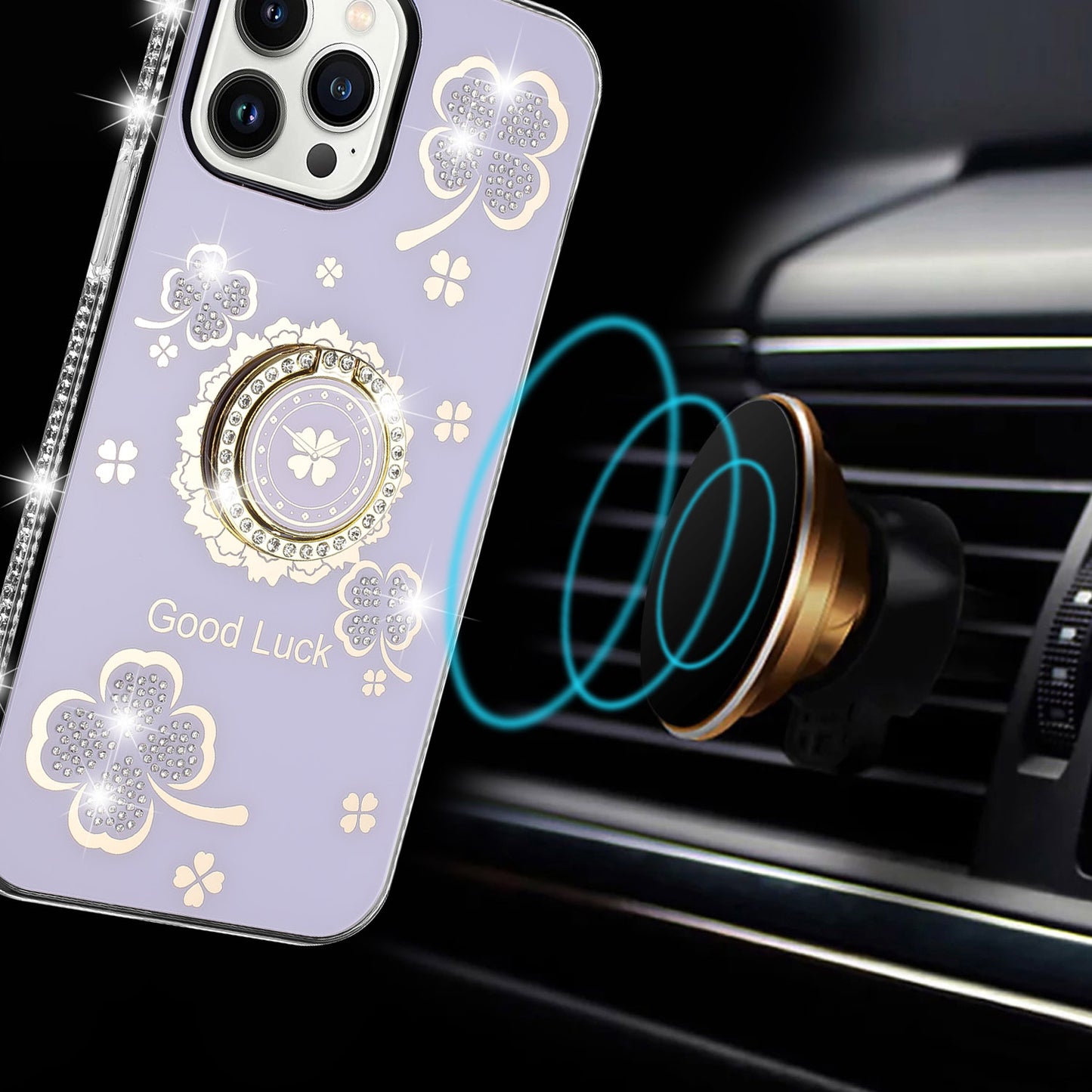 For Motorola Moto G 5G 2025 Diamonds Bling All Around Edges Sparkly Glitter Hybrid with Ring Stand Holder Fashion Good Luck Case Cover
